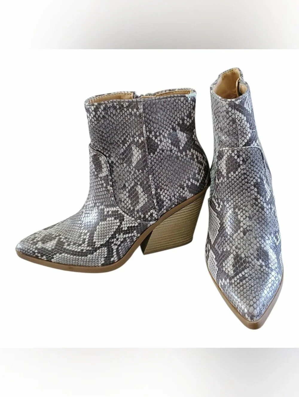 Express Gray Snake-Print Pointed Ankle Booties
